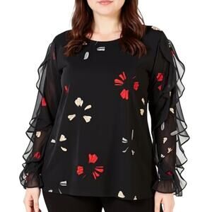 Alfani Printed Ruffle Sleeve Top Womens 3X Plus Black Floral Romantic Blouse